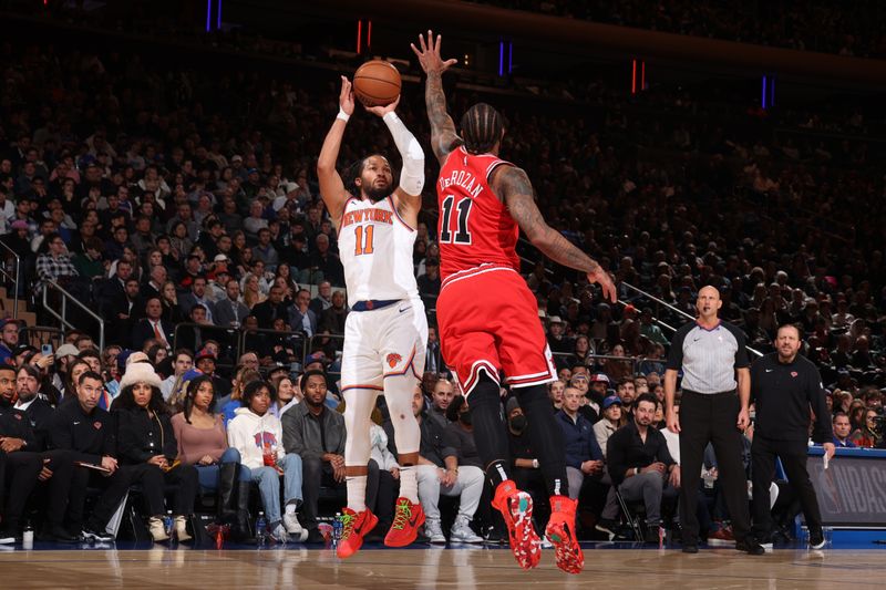 NEW YORK, NY - JANUARY 3: Jalen Brunson #11 of the New York Knicks shoots a three point basket against the Chicago Bulls on January 3, 2024 at Madison Square Garden in New York City, New York.  NOTE TO USER: User expressly acknowledges and agrees that, by downloading and or using this photograph, User is consenting to the terms and conditions of the Getty Images License Agreement. Mandatory Copyright Notice: Copyright 2024 NBAE  (Photo by Nathaniel S. Butler/NBAE via Getty Images)