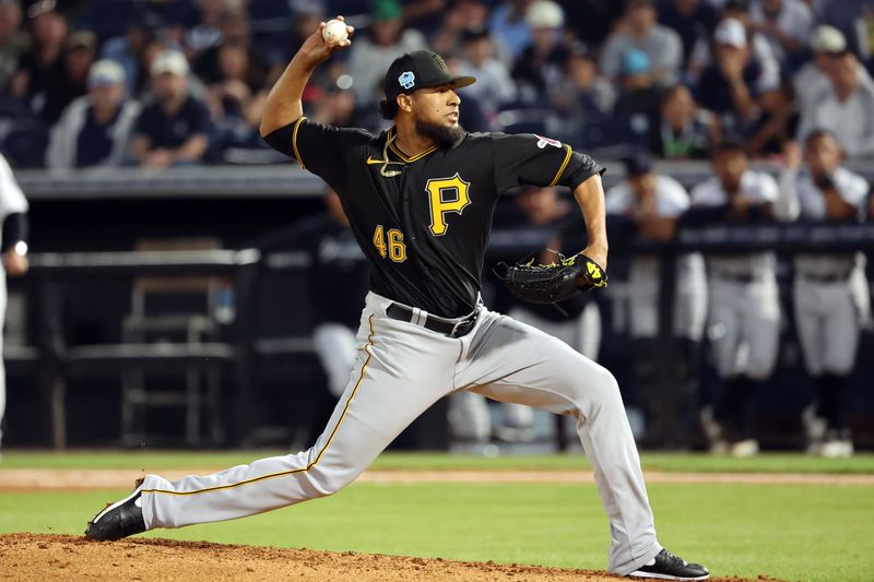 z22Mar 16, 2023; Tampa, Florida, USA; Pittsburgh Pirates relief pitcher Yohan Ramirez (46) throws a pitch against the New York Yankees during the fifth inning at George M. Steinbrenner Field. Mandatory Credit: Kim Klement-USA TODAY Sports