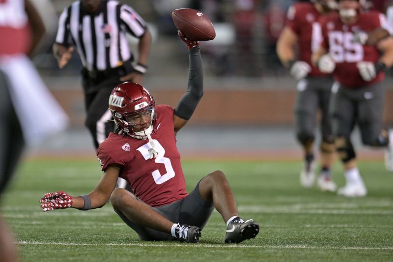 Sep 20, 2024; Pullman, Washington, USA; Washington State Cougars wide receiver Tre Shackelford (3) celebrates a first down catch against the San Jose State Spartans in the first half at Gesa Field at Martin Stadium. Mandatory Credit: James Snook-Imagn Images