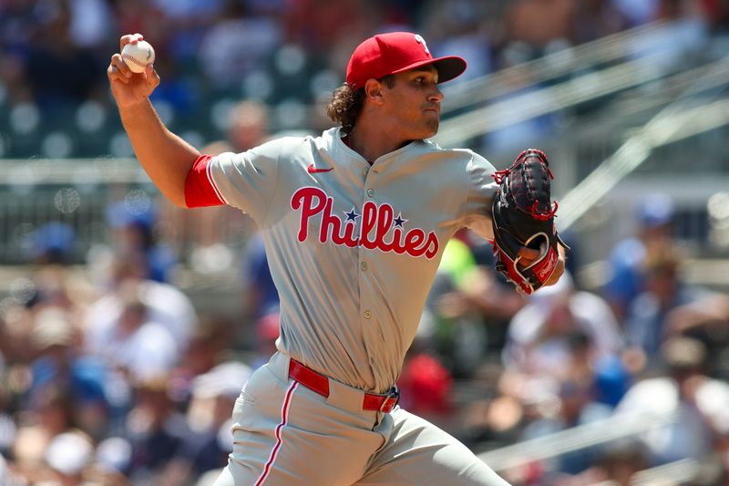 Jul 7, 2024; Atlanta, Georgia, USA; Philadelphia Phillies pitcher Tyler Phillips (48) throws against the Atlanta Braves in the sixth inning at Truist Park. Mandatory Credit: Brett Davis-USA TODAY Sports