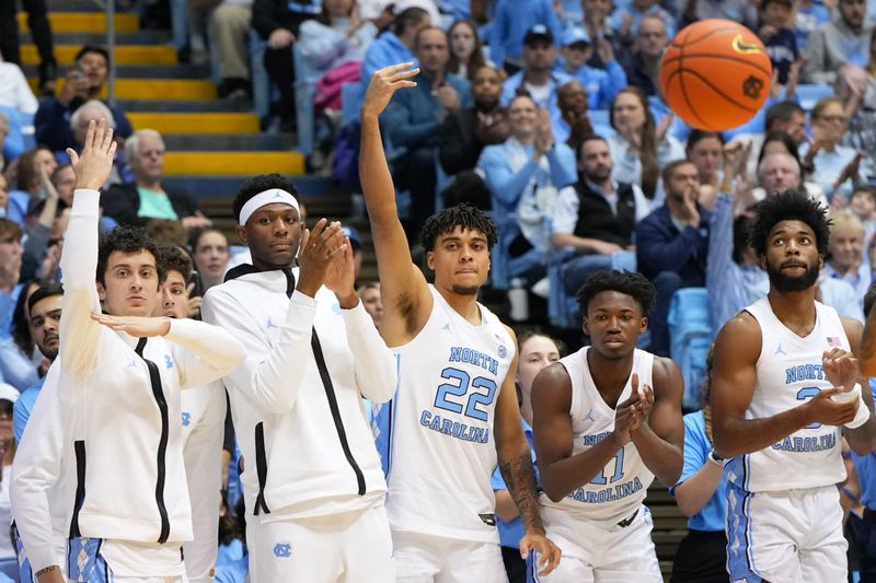 Nov 20, 2022; Chapel Hill, North Carolina, USA; North Carolina Tar Heels bench reacts in the second half at Dean E. Smith Center. Mandatory Credit: Bob Donnan-USA TODAY Sports