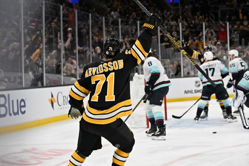 Jan 15, 2026; Boston, Massachusetts, USA; Boston Bruins left wing Viktor Arvidsson (71) celebrates his goal against Seattle Kraken goaltender Joey Daccord (35) (not pictured)  during the first period at TD Garden. Mandatory Credit: Eric Canha-Imagn Images