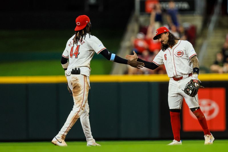 Jun 24, 2024; Cincinnati, Ohio, USA; Cincinnati Reds shortstop Elly De La Cruz (44) high fives second baseman Jonathan India (6) after the victory over the Pittsburgh Pirates at Great American Ball Park. Mandatory Credit: Katie Stratman-USA TODAY Sports