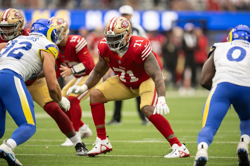 San Francisco 49ers offensive tackle Trent Williams (71) takes his stance during an NFL football game against the Los Angeles Rams, Sunday, Sept. 17, 2023, in Inglewood, Calif. (AP Photo/Kyusung Gong)