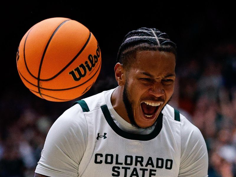 Mar 1, 2025; Fort Collins, Colorado, USA; Colorado State Rams forward Jaylen Crocker-Johnson (8) reacts after a play in the first half against the Utah State Aggies at Moby Arena. Mandatory Credit: Isaiah J. Downing-Imagn Images