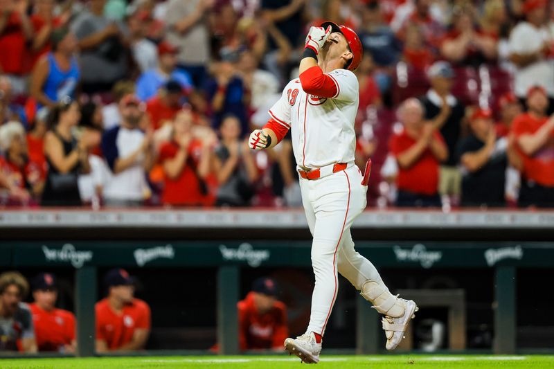 Aug 14, 2024; Cincinnati, Ohio, USA; Cincinnati Reds outfielder TJ Friedl (29) reacts after hitting a solo home run in the seventh inning against the St. Louis Cardinals at Great American Ball Park. Mandatory Credit: Katie Stratman-USA TODAY Sports