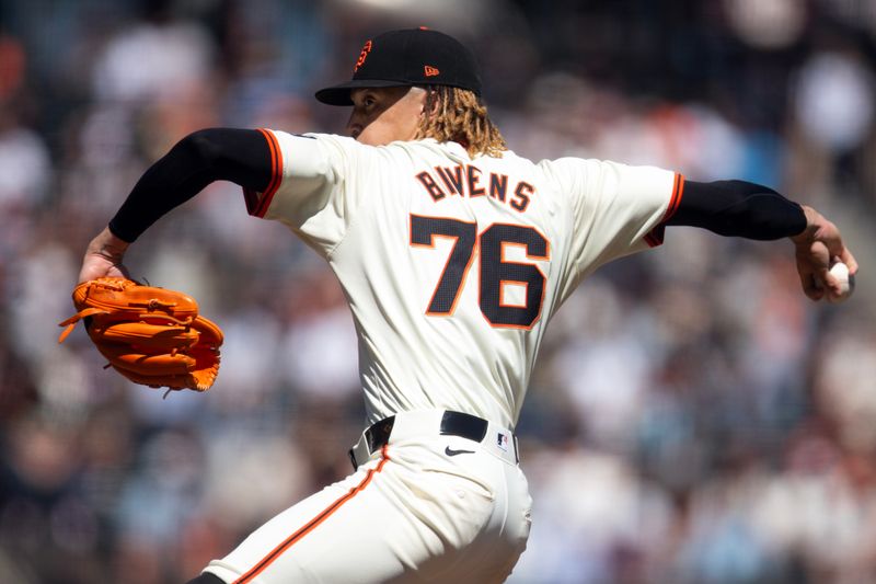 Aug 21, 2024; San Francisco, California, USA; San Francisco Giants pitcher Spencer Bivens (76) delivers a pitch against the Chicago White Sox during the ninth inning at Oracle Park. Mandatory Credit: D. Ross Cameron-USA TODAY Sports