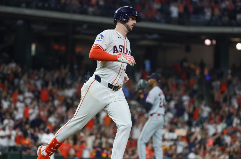 May 1, 2024; Houston, Texas, USA;  Houston Astros right fielder Kyle Tucker (30) runs to first base on a home run during the seventh inning against the Cleveland Guardians at Minute Maid Park. Mandatory Credit: Troy Taormina-USA TODAY Sports