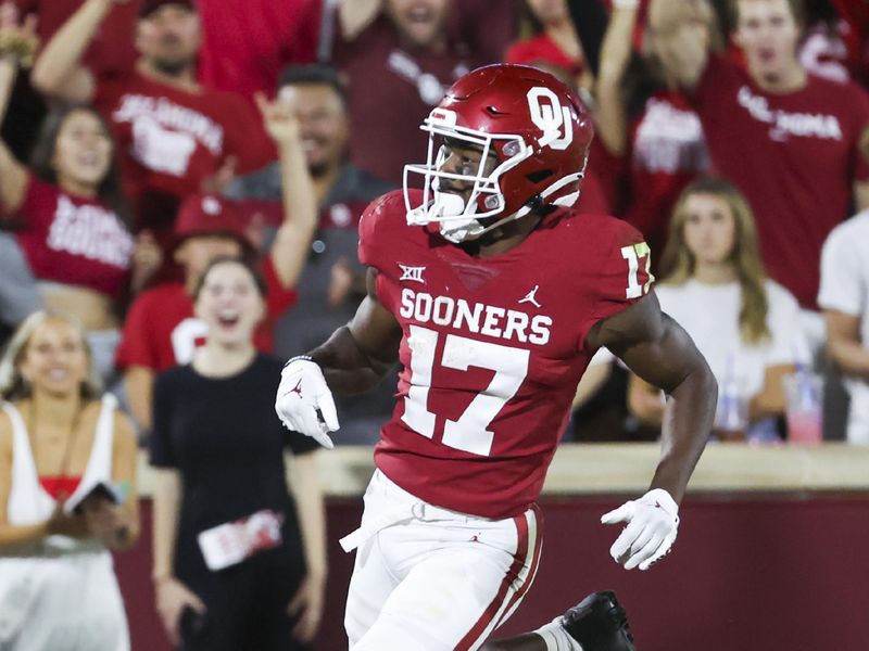 Sep 10, 2022; Norman, Oklahoma, USA;  Oklahoma Sooners wide receiver Marvin Mims (17) reacts after scoring a touchdown during the second half against the Kent State Golden Flashes at Gaylord Family-Oklahoma Memorial Stadium. Mandatory Credit: Kevin Jairaj-USA TODAY Sports