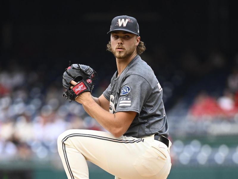 Jul 8, 2023; Washington, District of Columbia, USA; Washington Nationals starting pitcher Jake Irvin (74) throws to the Texas Rangers during the first inning at Nationals Park. Mandatory Credit: Brad Mills-USA TODAY Sports