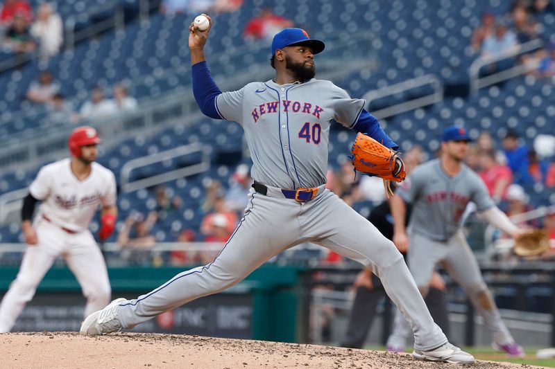 Jun 5, 2024; Washington, District of Columbia, USA; New York Mets pitcher Luis Severino (40) pitches against the Washington Nationals during the sixth inning at Nationals Park. Mandatory Credit: Geoff Burke-USA TODAY Sports