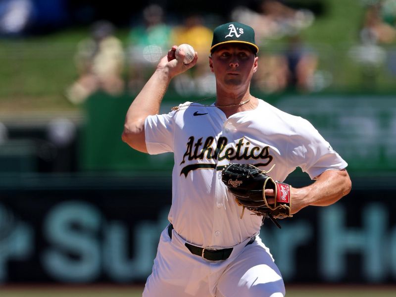 Aug 3, 2025; West Sacramento, California, USA; Athletics starting pitcher Jack Perkins (50) throws a pitch on his first career start against the Arizona Diamondbacks during the first inning at Sutter Health Park. Mandatory Credit: Dennis Lee-Imagn Images