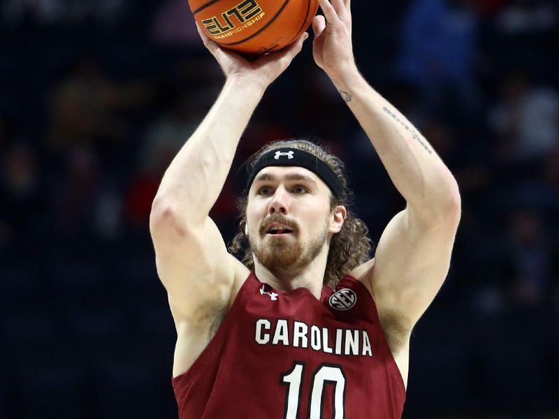 Feb 11, 2023; Oxford, Mississippi, USA; South Carolina Gamecocks forward Hayden Brown (10) shoots for three during the first half against the Mississippi Rebels at The Sandy and John Black Pavilion at Ole Miss. Mandatory Credit: Petre Thomas-USA TODAY Sports