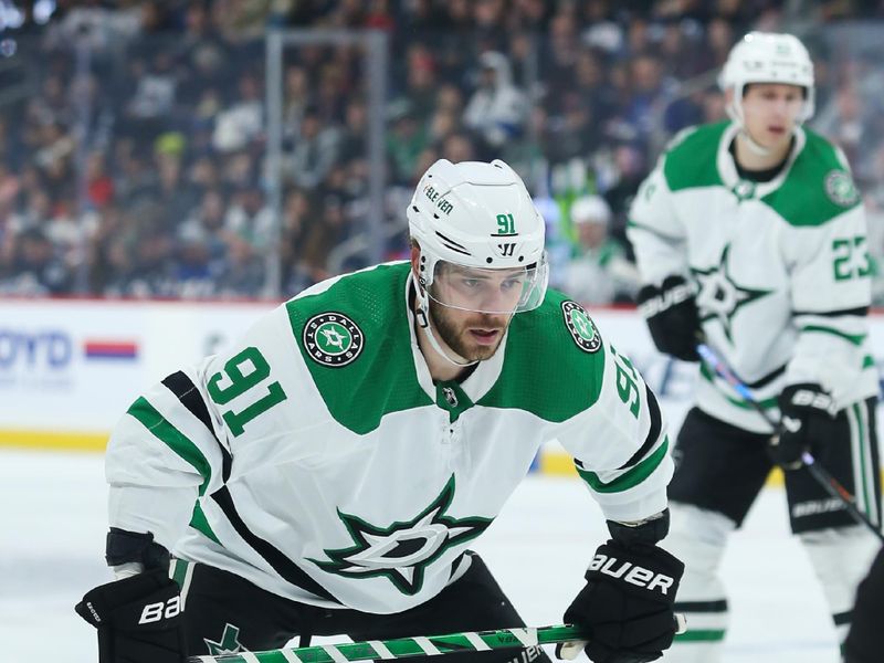 Nov 11, 2023; Winnipeg, Manitoba, CAN;  Dallas Stars forward Tyler Seguin (91) waits for the face-off against the Winnipeg Jets during the first period at Canada Life Centre. Mandatory Credit: Terrence Lee-USA TODAY Sports