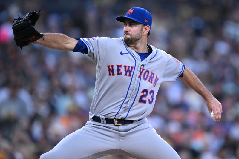 Jul 8, 2023; San Diego, California, USA; New York Mets starting pitcher David Peterson (23) throws a pitch against the San Diego Padres during the second inning at Petco Park. Mandatory Credit: Orlando Ramirez-USA TODAY Sports