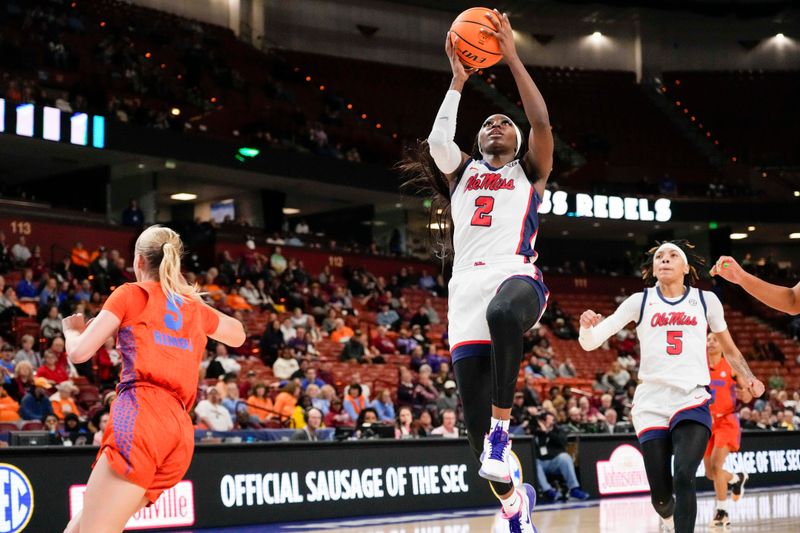 Mar 8, 2024; Greensville, SC, USA; Ole Miss Rebels guard Marquesha Davis (2) goes up for a layup against the Florida Gators during the first half at Bon Secours Wellness Arena. Mandatory Credit: Jim Dedmon-USA TODAY Sports