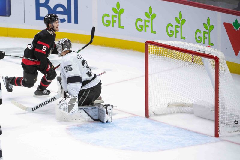 Oct 14, 2024; Ottawa, Ontario, CAN; Ottawa Senators center Josh Norris (9) scores in overtime against Los Angeles Kings goalie Darcy Kuemper (35) at the Canadian Tire Centre. Mandatory Credit: Marc DesRosiers-Imagn Images