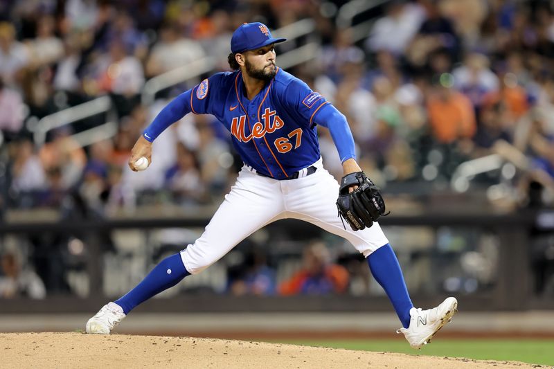 Aug 14, 2023; New York City, New York, USA; New York Mets relief pitcher Tyson Miller (67) pitches against the Pittsburgh Pirates during the fourth inning at Citi Field. Mandatory Credit: Brad Penner-USA TODAY Sports