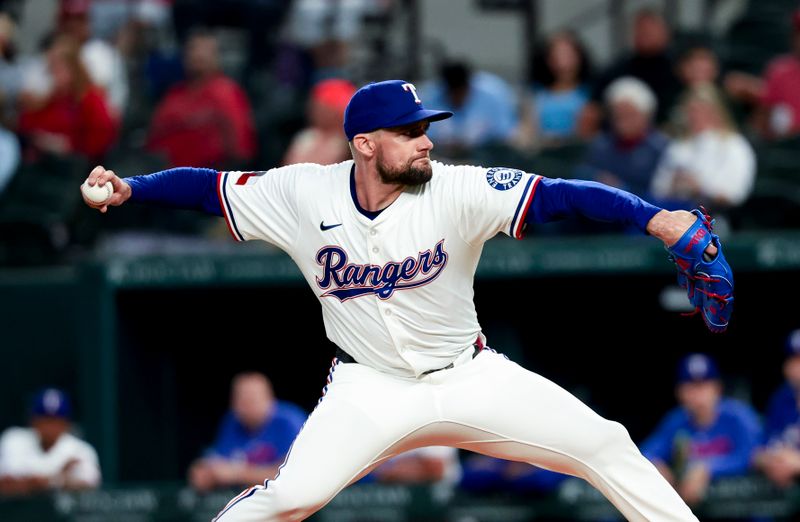 Apr 30, 2025; Arlington, Texas, USA;  Texas Rangers starting pitcher Nathan Eovaldi (17) throws during the first inning against the Oakland Athletics at Globe Life Field. Mandatory Credit: Kevin Jairaj-Imagn Images