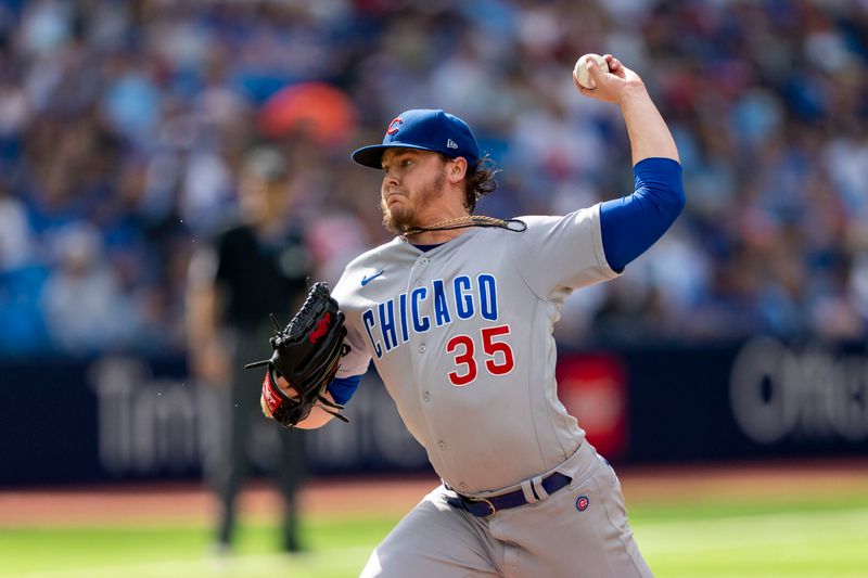 Aug 12, 2023; Toronto, Ontario, CAN; Chicago Cubs starting pitcher Justin Steele (35) pitches to the Toronto Blue Jays during the second inning at Rogers Centre. Mandatory Credit: Kevin Sousa-USA TODAY Sports