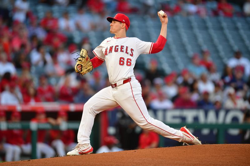 Sep 13, 2024; Anaheim, California, USA; Los Angeles Angels pitcher Samuel Aldegheri (66) throws against the Houston Astros during the first inning at Angel Stadium. Mandatory Credit: Gary A. Vasquez-Imagn Images