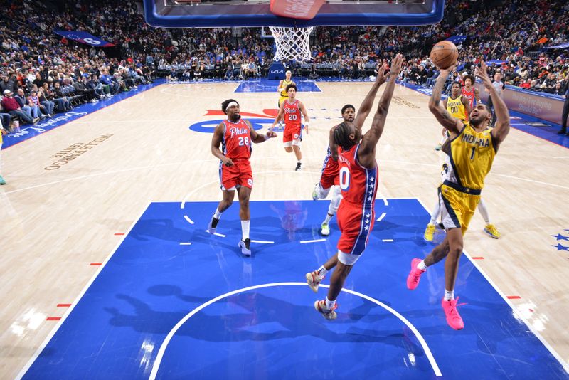 PHILADELPHIA, PA - DECEMBER 13: Obi Toppin #1 of the Indiana Pacers shoots the ball during the game against the Philadelphia 76ers on December 13, 2024 at the Wells Fargo Center in Philadelphia, Pennsylvania NOTE TO USER: User expressly acknowledges and agrees that, by downloading and/or using this Photograph, user is consenting to the terms and conditions of the Getty Images License Agreement. Mandatory Copyright Notice: Copyright 2024 NBAE (Photo by Jesse D. Garrabrant/NBAE via Getty Images)