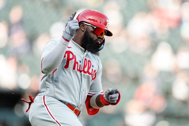 Apr 18, 2023; Chicago, Illinois, USA; Philadelphia Phillies second baseman Josh Harrison (2) rounds the bases after hitting a two-run home run against the Chicago White Sox during the seventh inning of game one of the doubleheader at Guaranteed Rate Field. Mandatory Credit: Kamil Krzaczynski-USA TODAY Sports