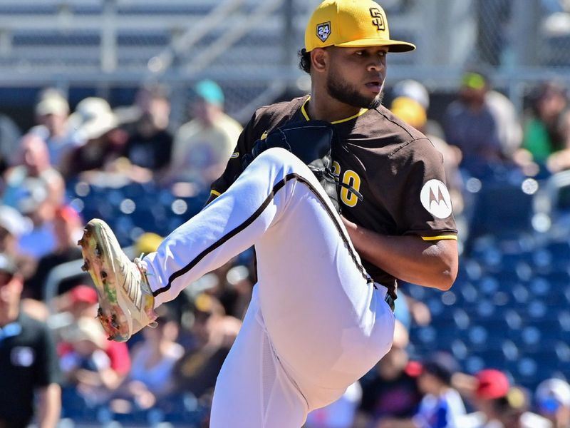 Mar 1, 2024; Peoria, Arizona, USA; San Diego Padres starting pitcher Randy Vasquez (98) throws in the first inning against the Los Angeles Angels during a spring training game  at Peoria Sports Complex. Mandatory Credit: Matt Kartozian-USA TODAY Sports