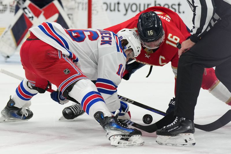 Jun 1, 2024; Sunrise, Florida, USA; Florida Panthers center Aleksander Barkov (16) and New York Rangers center Vincent Trocheck (16) battle for possession during a face-off during the first period in game six of the Eastern Conference Final of the 2024 Stanley Cup Playoffs at Amerant Bank Arena. Mandatory Credit: Jim Rassol-USA TODAY Sports