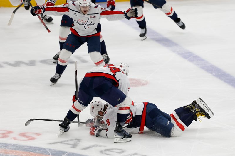 Apr 6, 2025; Elmont, New York, USA;  Washington Capitals left wing Alex Ovechkin (8) scores a goal in the 2nd period against the New York Islanders at UBS Arena. The goal is the 895th of Ovechkin’s career, breaking the NHL all-time career goals record previously held by Wayne Gretzky.at UBS Arena. Mandatory Credit: Geoff Burke-Imagn Images