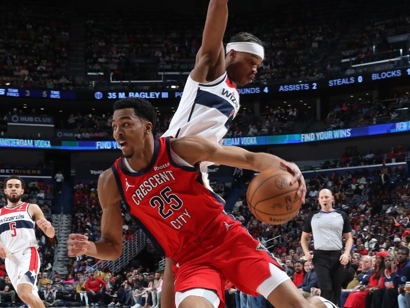 NEW ORLEANS, LA - FEBRUARY 14: Trey Murphy III #25 of the New Orleans Pelicans handles the ball during the game against the New Orleans Pelicans on February 14, 2024 at the Smoothie King Center in New Orleans, Louisiana. NOTE TO USER: User expressly acknowledges and agrees that, by downloading and or using this Photograph, user is consenting to the terms and conditions of the Getty Images License Agreement. Mandatory Copyright Notice: Copyright 2024 NBAE (Photo by Layne Murdoch Jr./NBAE via Getty Images)