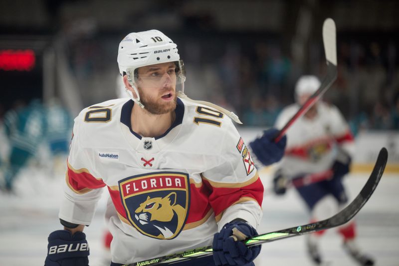 Jan 25, 2025; San Jose, California, USA; Florida Panthers left wing A.J. Greer (10) warms up before the game against the San Jose Sharks at SAP Center at San Jose. Mandatory Credit: Robert Edwards-Imagn Images