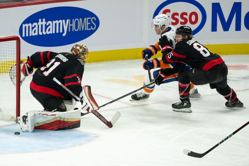 Dec 8, 2024; Ottawa, Ontario, CAN; Ottawa Senators goalie Anton Forsberg (31) makes a save on a shot from New York Islanders center Brock Nelson (29) in the third period at the Canadian Tire Centre. Mandatory Credit: Marc DesRosiers-Imagn Images