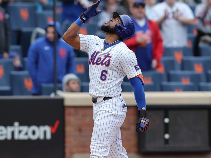 Apr 17, 2024; New York City, New York, USA; New York Mets designated hitter Starling Marte (6) reacts as he scores after hitting a two run home run against the Pittsburgh Pirates during the third inning at Citi Field. Mandatory Credit: Brad Penner-USA TODAY Sports