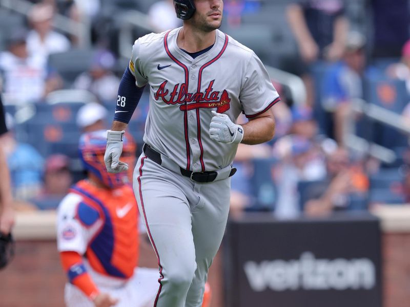 Jul 28, 2024; New York City, New York, USA; Atlanta Braves first baseman Matt Olson (28) rounds the bases after hitting a three run home run against the New York Mets during the fourth inning at Citi Field. Mandatory Credit: Brad Penner-USA TODAY Sports