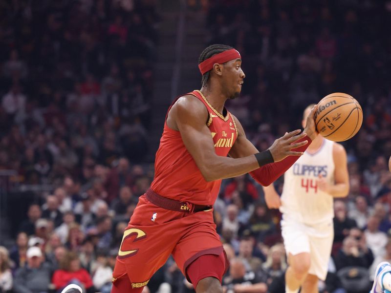 CLEVELAND, OH - JANUARY 29:  Caris LeVert #3 of the Cleveland Cavaliers passes the ball during the game on January 29, 2024 at Rocket Mortgage FieldHouse in Cleveland, Ohio. NOTE TO USER: User expressly acknowledges and agrees that, by downloading and/or using this Photograph, user is consenting to the terms and conditions of the Getty Images License Agreement. Mandatory Copyright Notice: Copyright 2024 NBAE (Photo by  Lauren Leigh Bacho/NBAE via Getty Images)