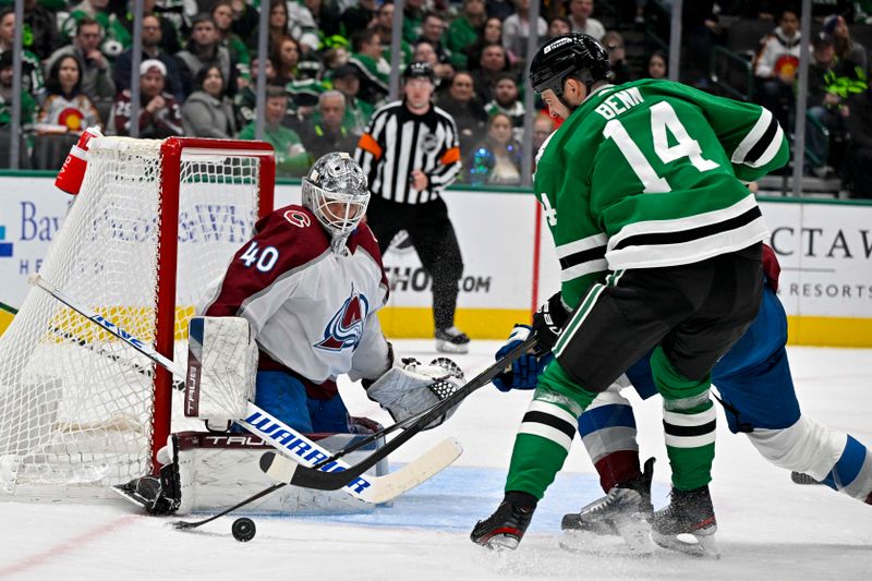 Jan 4, 2024; Dallas, Texas, USA; Colorado Avalanche goaltender Alexandar Georgiev (40) turns aside a shot by Dallas Stars left wing Jamie Benn (14) during the second period at the American Airlines Center. Mandatory Credit: Jerome Miron-USA TODAY Sports