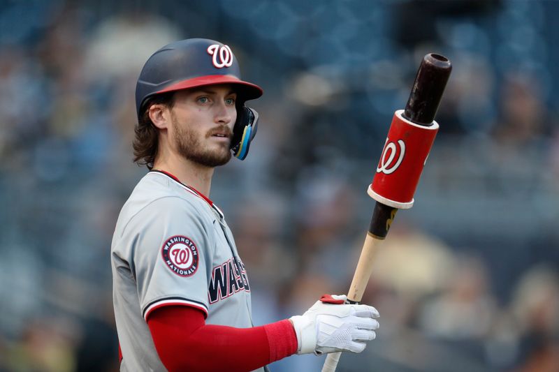 Sep 5, 2024; Pittsburgh, Pennsylvania, USA;  Washington Nationals right fielder Dylan Crews (3) in the on-deck circle before batting against the Pittsburgh Pirates in the first inning at PNC Park. Mandatory Credit: Charles LeClaire-Imagn Images