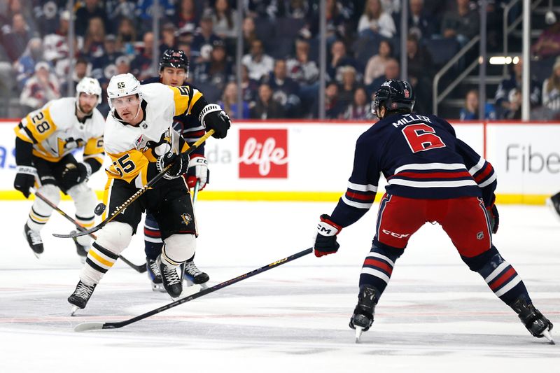 Oct 20, 2024; Winnipeg, Manitoba, CAN; Pittsburgh Penguins center Noel Acciari (55) flips the puck past Winnipeg Jets defenseman Colin Miller (6) in the first period at Canada Life Centre. Mandatory Credit: James Carey Lauder-Imagn Images