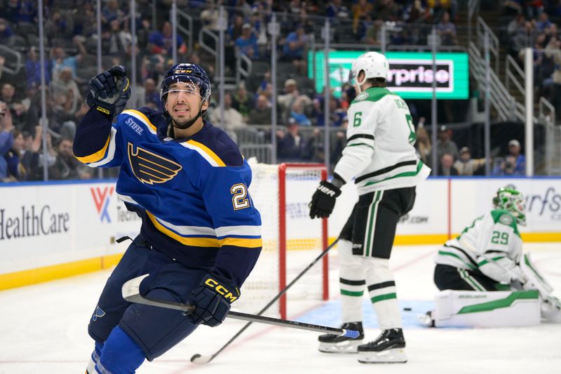 Oct 18, 2025; St. Louis, Missouri, USA; St. Louis Blues right wing Jordan Kyrou (25) reacts after scoring against the Dallas Stars during the second period at Enterprise Center. Mandatory Credit: Jeff Le-Imagn Images