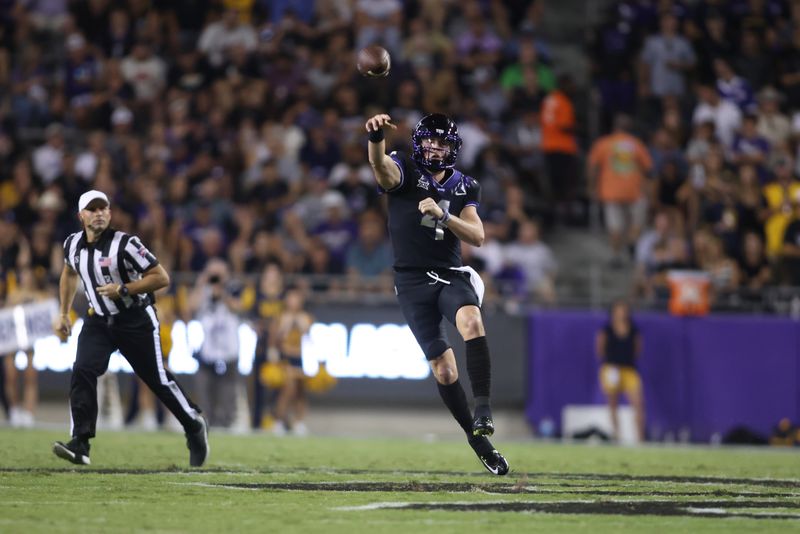 Sep 30, 2023; Fort Worth, Texas, USA; TCU Horned Frogs quarterback Chandler Morris (4) throw a pass in the second quarter against the West Virginia Mountaineers at Amon G. Carter Stadium. Mandatory Credit: Tim Heitman-USA TODAY Sports