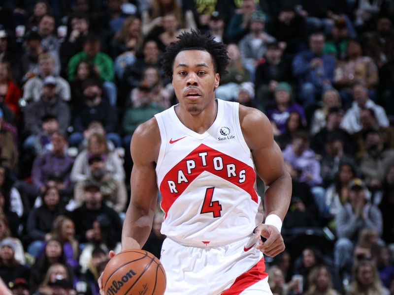 SALT LAKE CITY, UT - JANUARY 12: Scottie Barnes #4 of the Toronto Raptors handles the ball during the game against the Utah Jazz on January 12, 2024 at Delta Center in Salt Lake City, Utah. NOTE TO USER: User expressly acknowledges and agrees that, by downloading and or using this Photograph, User is consenting to the terms and conditions of the Getty Images License Agreement. Mandatory Copyright Notice: Copyright 2024 NBAE (Photo by Melissa Majchrzak/NBAE via Getty Images)