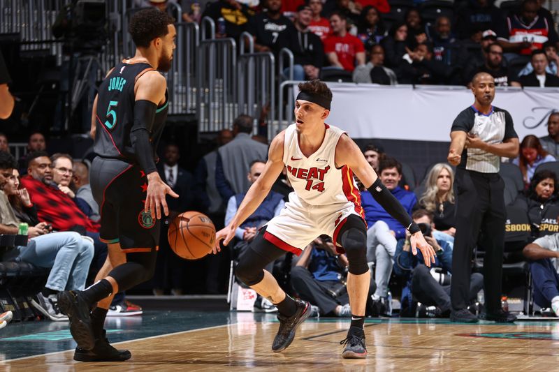 WASHINGTON, DC -? FEBRUARY 2: Tyler Herro #14 of the Miami Heat plays defense during the game against the Washington Wizards on February 2, 2024 at Capital One Arena in Washington, DC. NOTE TO USER: User expressly acknowledges and agrees that, by downloading and or using this Photograph, user is consenting to the terms and conditions of the Getty Images License Agreement. Mandatory Copyright Notice: Copyright 2024 NBAE (Photo by Kenny Giarla/NBAE via Getty Images)