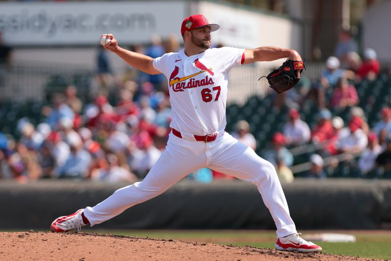 Feb 27, 2026; Jupiter, Florida, USA; St. Louis Cardinals pitcher Matt Pushard (67) delivers a pitch against the New York Mets during the fourth inning at Roger Dean Chevrolet Stadium. Mandatory Credit: Sam Navarro-Imagn Images