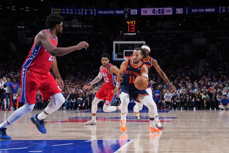 PHILADELPHIA, PA - APRIL 28: Jalen Brunson #11 of the New York Knicks dribbles the ball during the game against the Philadelphia 76ers during Round 1 Game 4 of the 2024 NBA Playoffs on April 28, 2024 at the Wells Fargo Center in Philadelphia, Pennsylvania NOTE TO USER: User expressly acknowledges and agrees that, by downloading and/or using this Photograph, user is consenting to the terms and conditions of the Getty Images License Agreement. Mandatory Copyright Notice: Copyright 2024 NBAE (Photo by Jesse D. Garrabrant/NBAE via Getty Images)