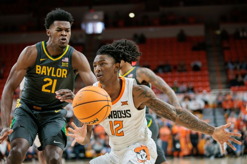 Jan 6, 2024; Stillwater, Oklahoma, USA;  Oklahoma State Cowboys guard Javon Small (12) loses control of the ball during the first half against the Baylor Bears at Gallagher-Iba Arena. Mandatory Credit: William Purnell-USA TODAY Sports