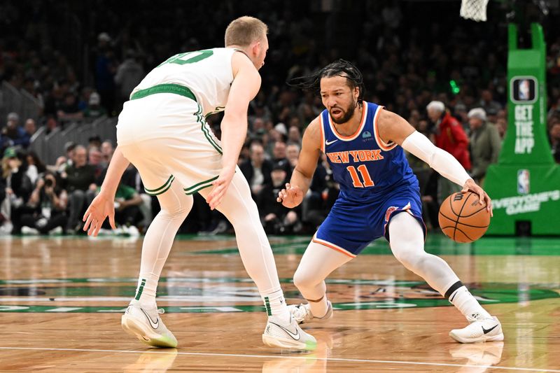 BOSTON, MASSACHUSETTS - APRIL 11: Jalen Brunson #11 of the New York Knicks drives to the basket against Sam Hauser #30 of the Boston Celtics during the first quarter at the TD Garden on April 11, 2024 in Boston, Massachusetts. NOTE TO USER: User expressly acknowledges and agrees that, by downloading and or using this photograph, User is consenting to the terms and conditions of the Getty Images License Agreement. (Photo by Brian Fluharty/Getty Images)