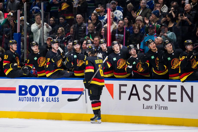 Dec 12, 2023; Vancouver, British Columbia, CAN; Vancouver Canucks forward Brock Boeser (6) celebrates his first goal of the game against the Tampa Bay Lightning in the second period at Rogers Arena. Mandatory Credit: Bob Frid-USA TODAY Sports