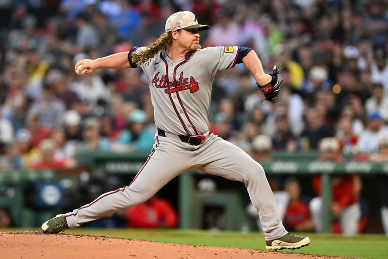 May 17, 2025; Boston, Massachusetts, USA; Atlanta Braves starting pitcher Grant Holmes (66) pitches against the Boston Red Sox during the first inning at Fenway Park. Mandatory Credit: Brian Fluharty-Imagn Images
