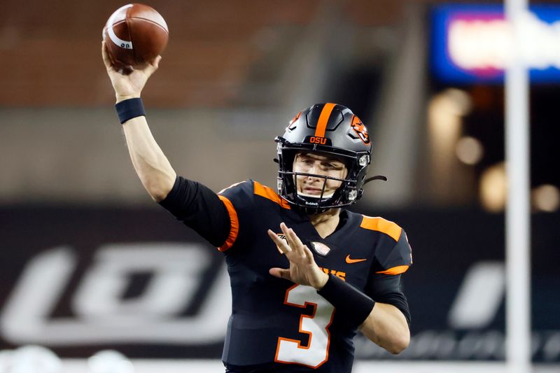 Nov 7, 2020; Corvallis, Oregon, USA; Oregon State Beavers quarterback Tristan Gebbia (3) warms up prior to the game against the Washington State Cougars at Reser Stadium. Mandatory Credit: Soobum Im-USA TODAY Sports